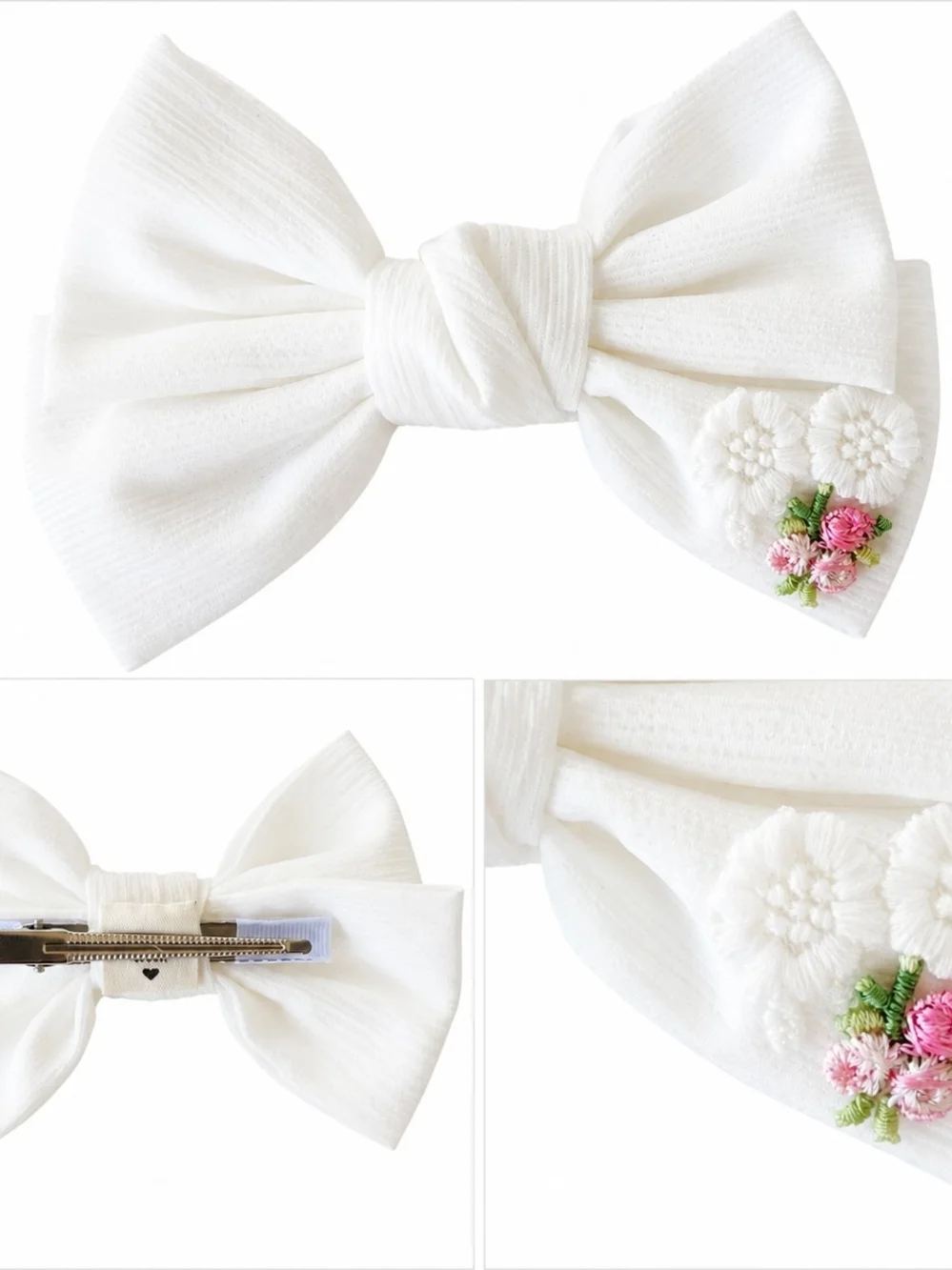 White Floral Embroidered Hair Bow Clip for Women